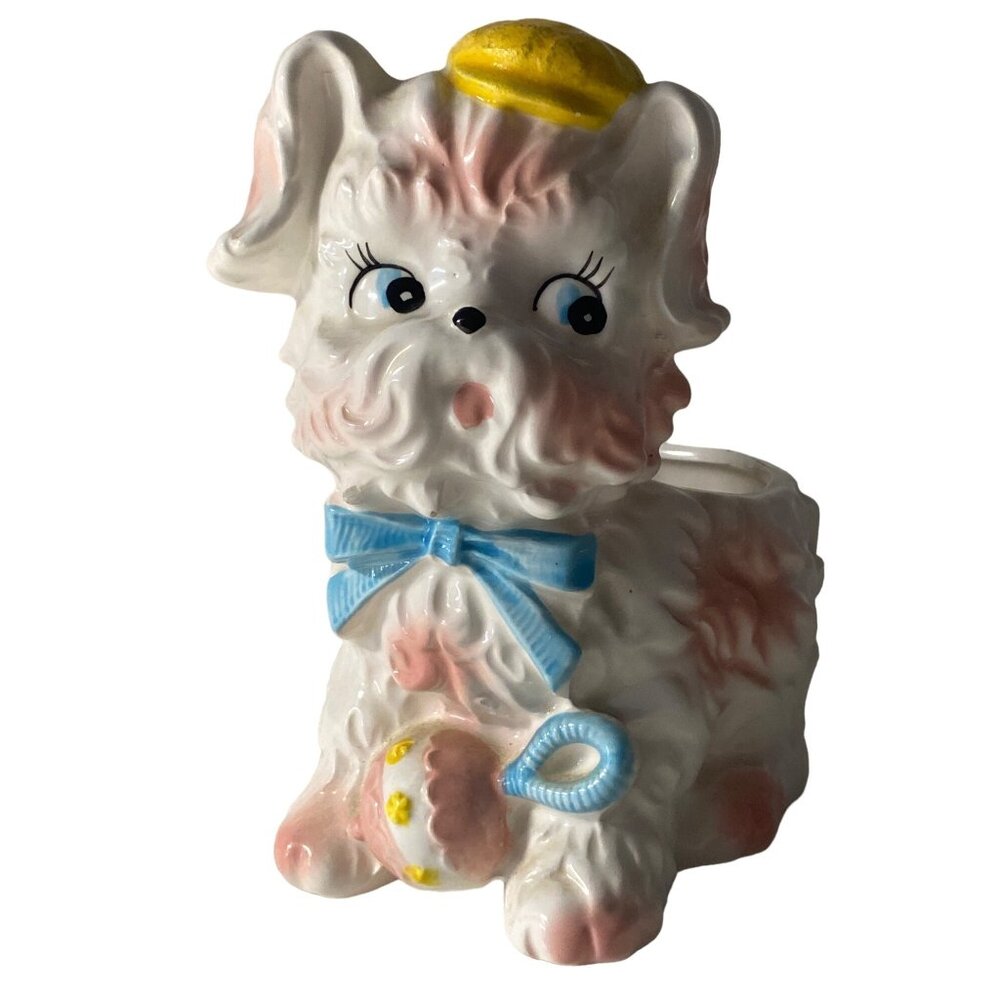 Relpo Dog Planter Vase Ceramic Nursery Maltese Terrier Pink Blue Yellow Hat VTG